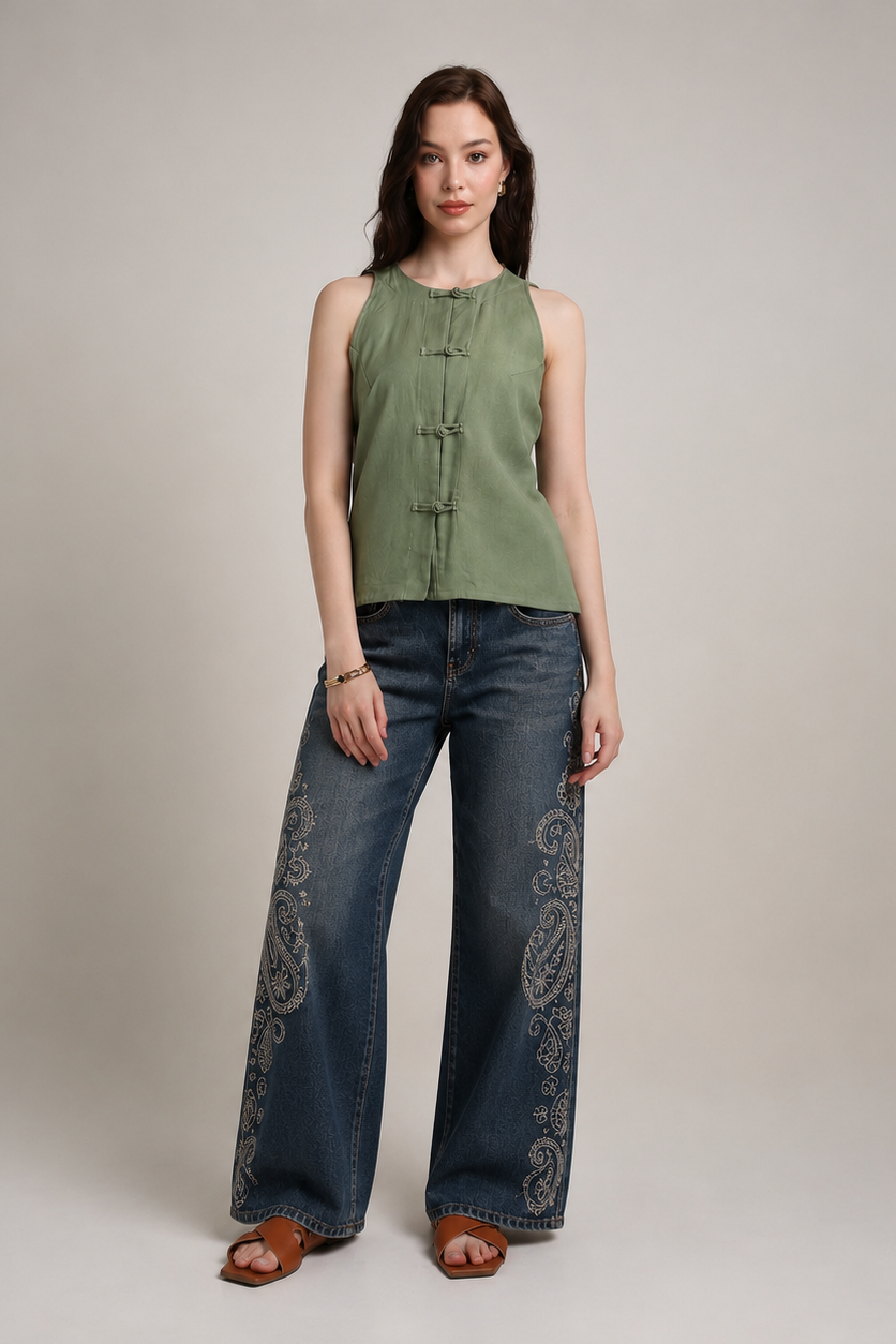 Olive Groove Button Top