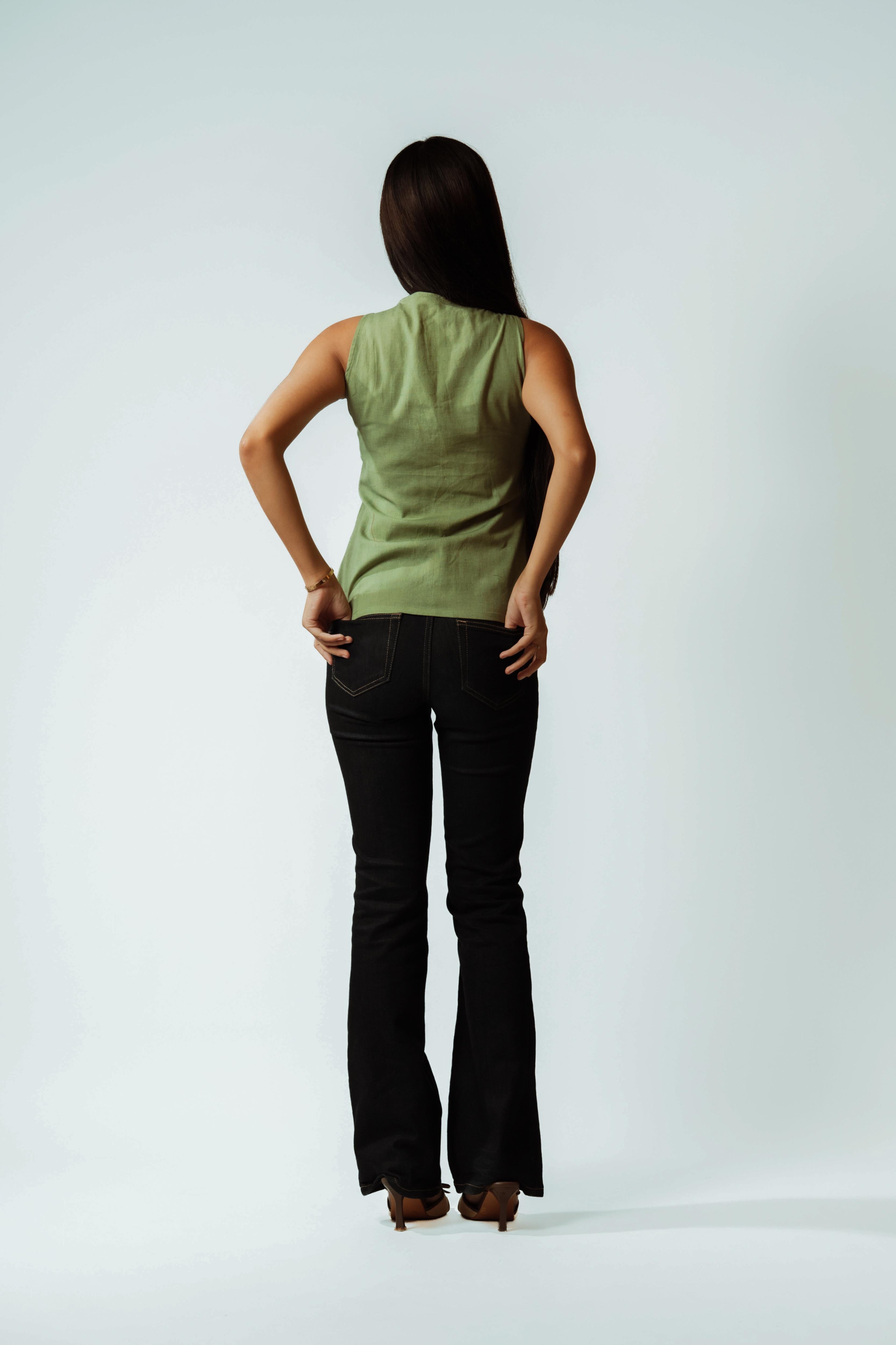 Olive Groove Button Top