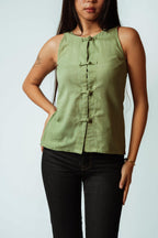 Olive Groove Button Top