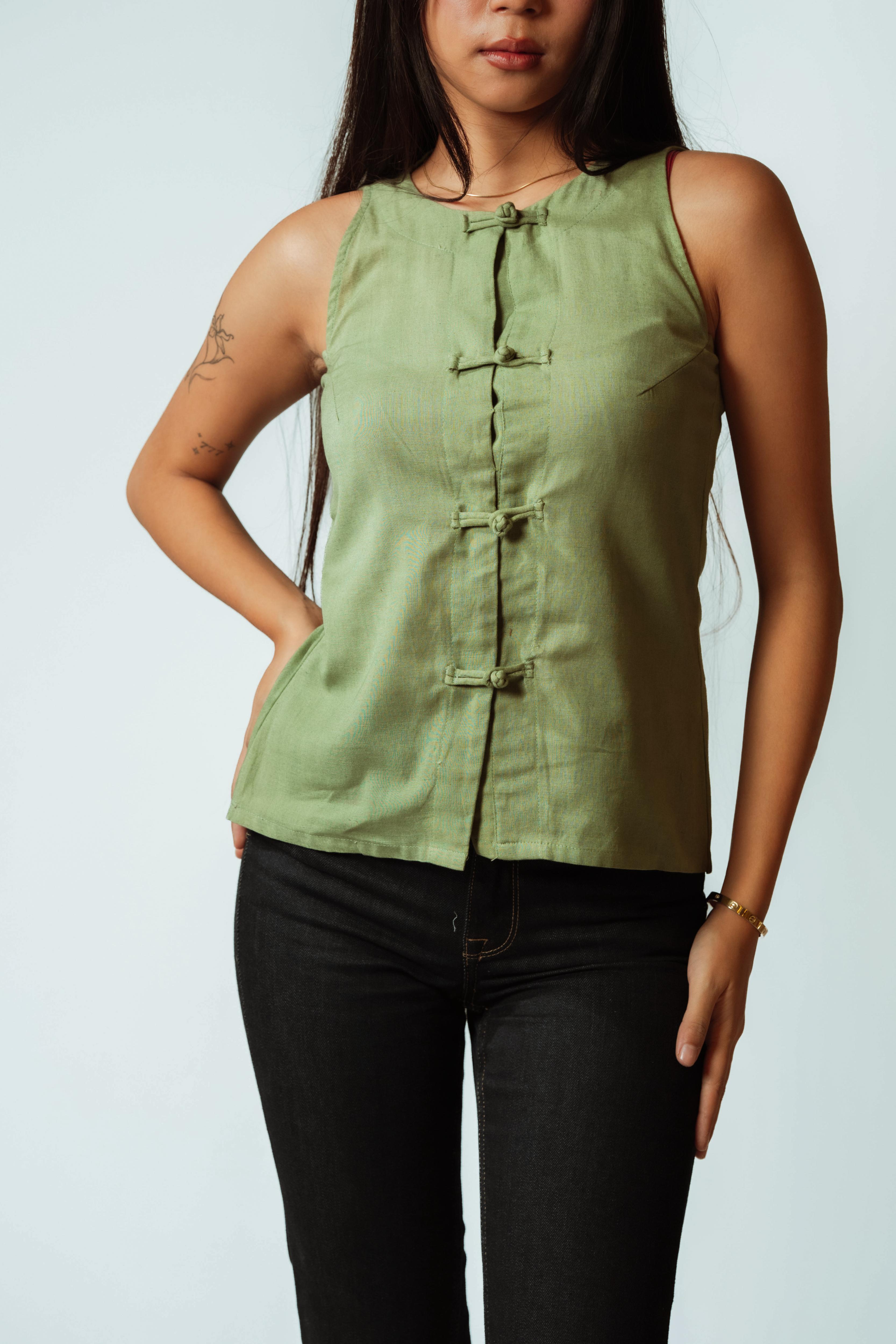Olive Groove Button Top