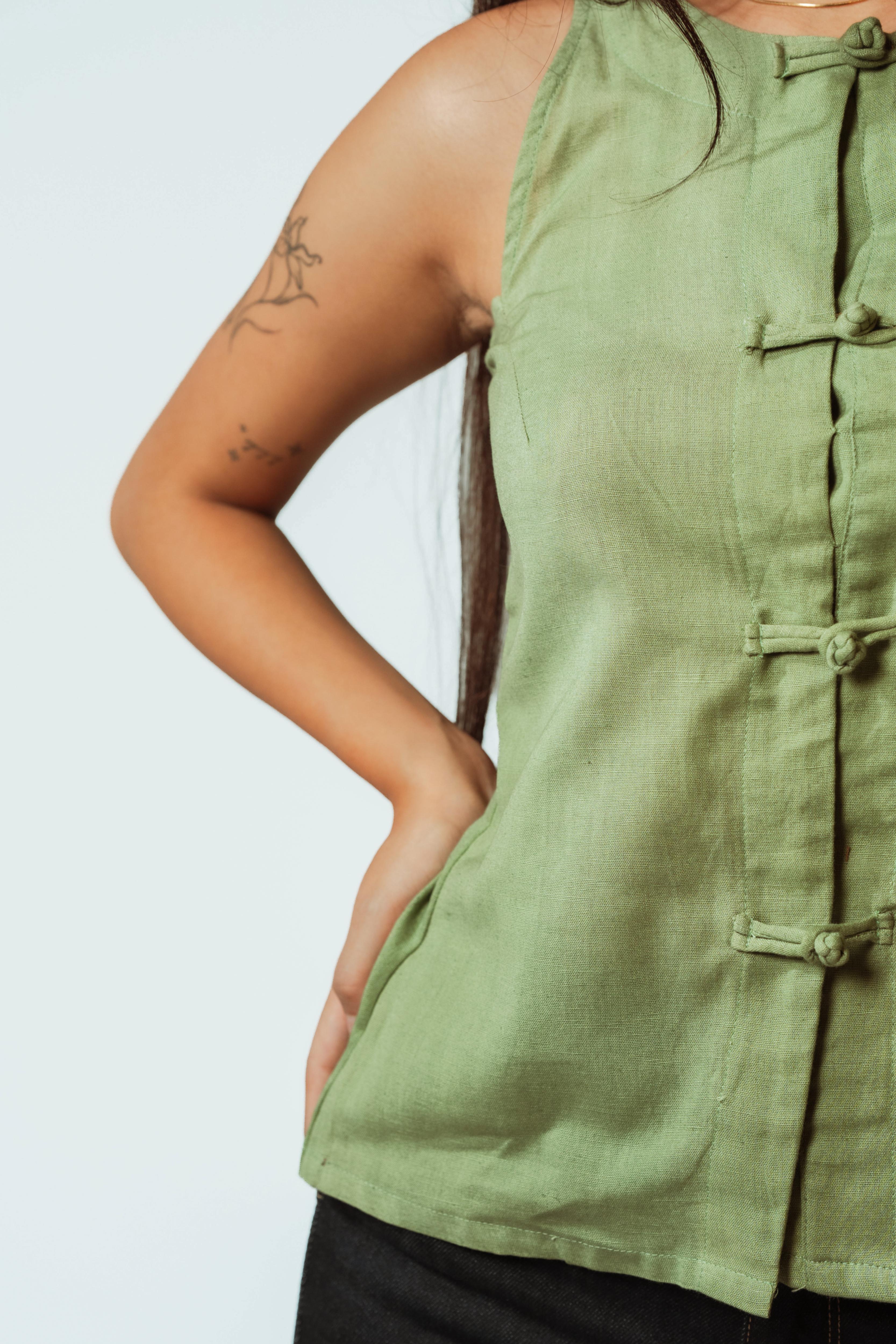 Olive Groove Button Top