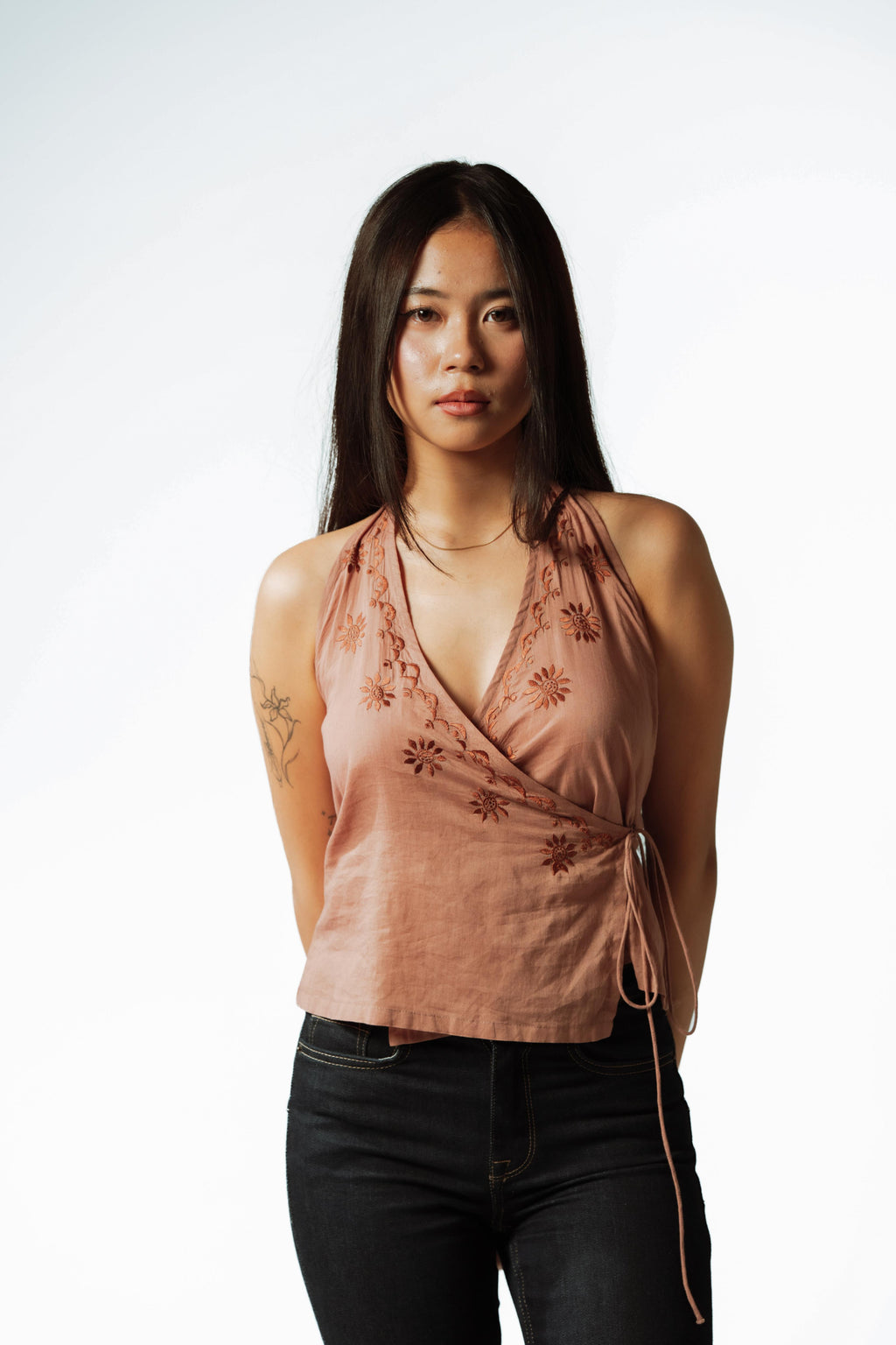 Draped Earth Embroidered Wrap Top