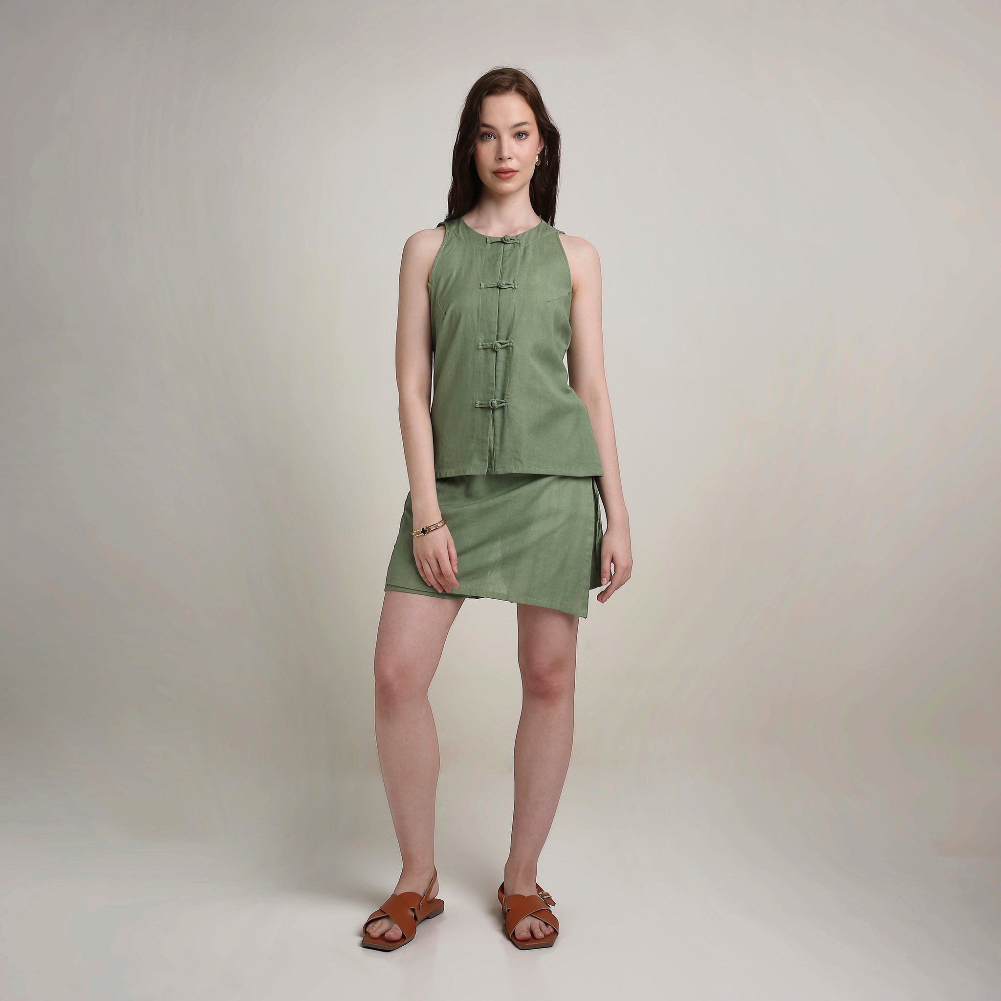 Olive Groove Button Top