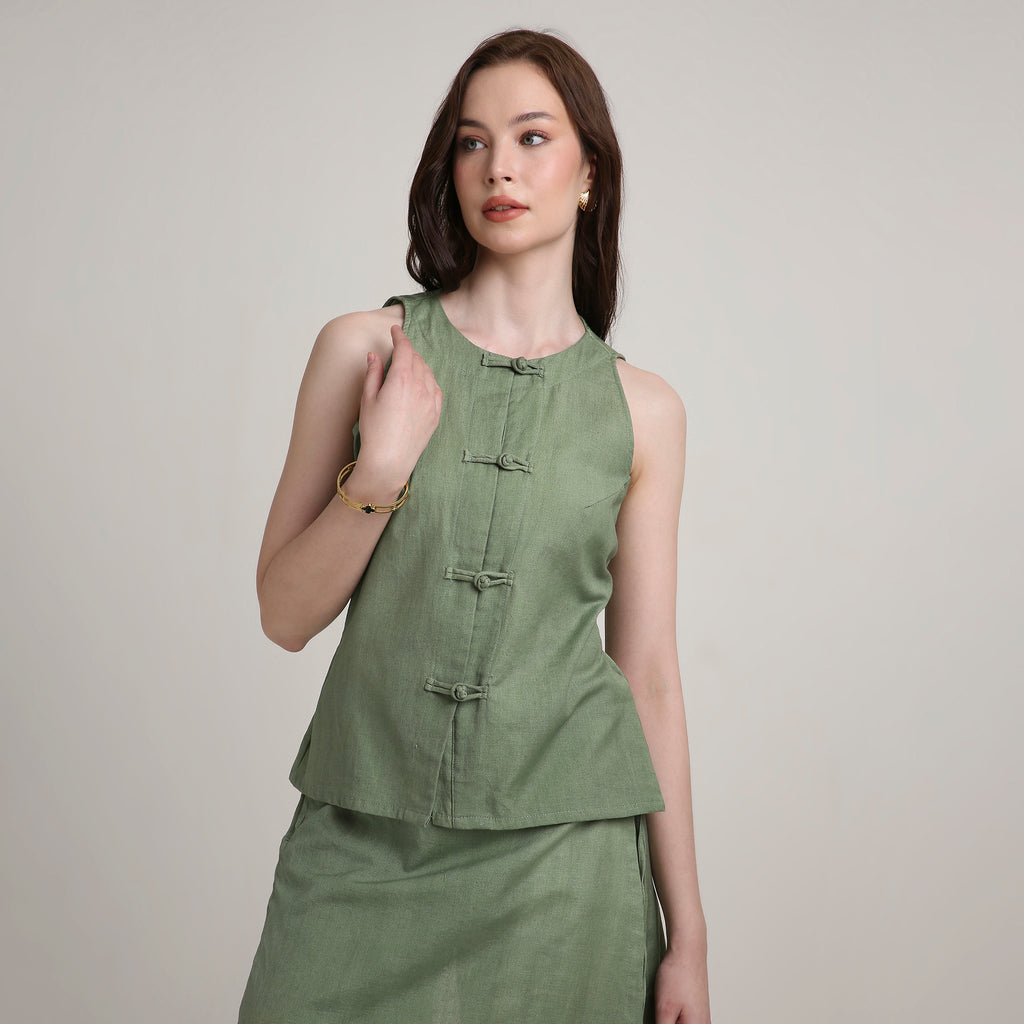 Olive Groove Button Top
