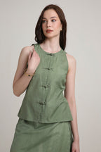 Olive Groove Button Top