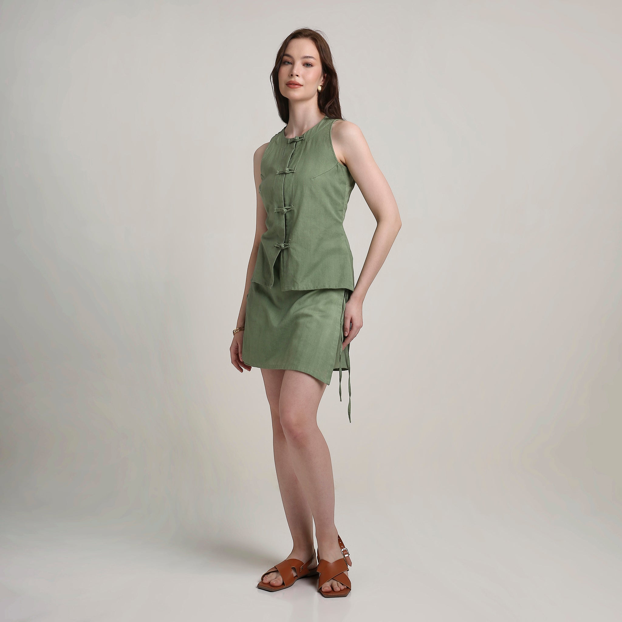 Olive Groove Button Top